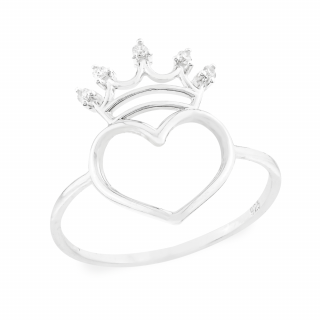 Anel de prata feminino coração e coroa 
